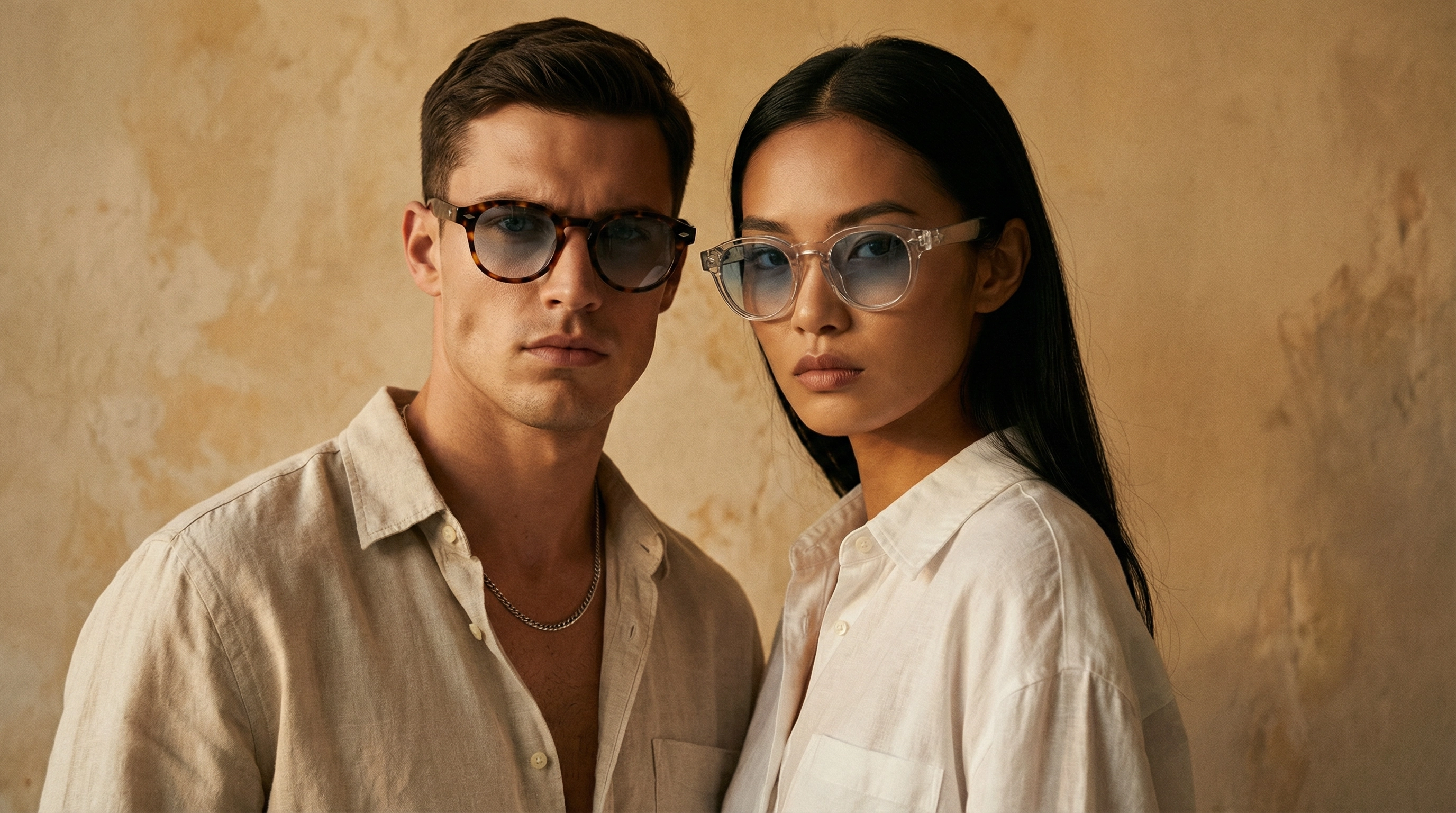 Homme et femme portant les lunettes de soleil Product Travel Miami et Santorini style éditorial