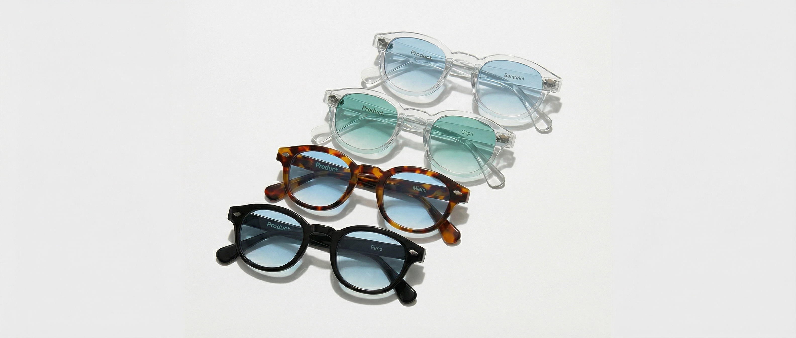 Collection lunettes de soleil Product Travel Santorini Capri Miami Paris UV400 bannière