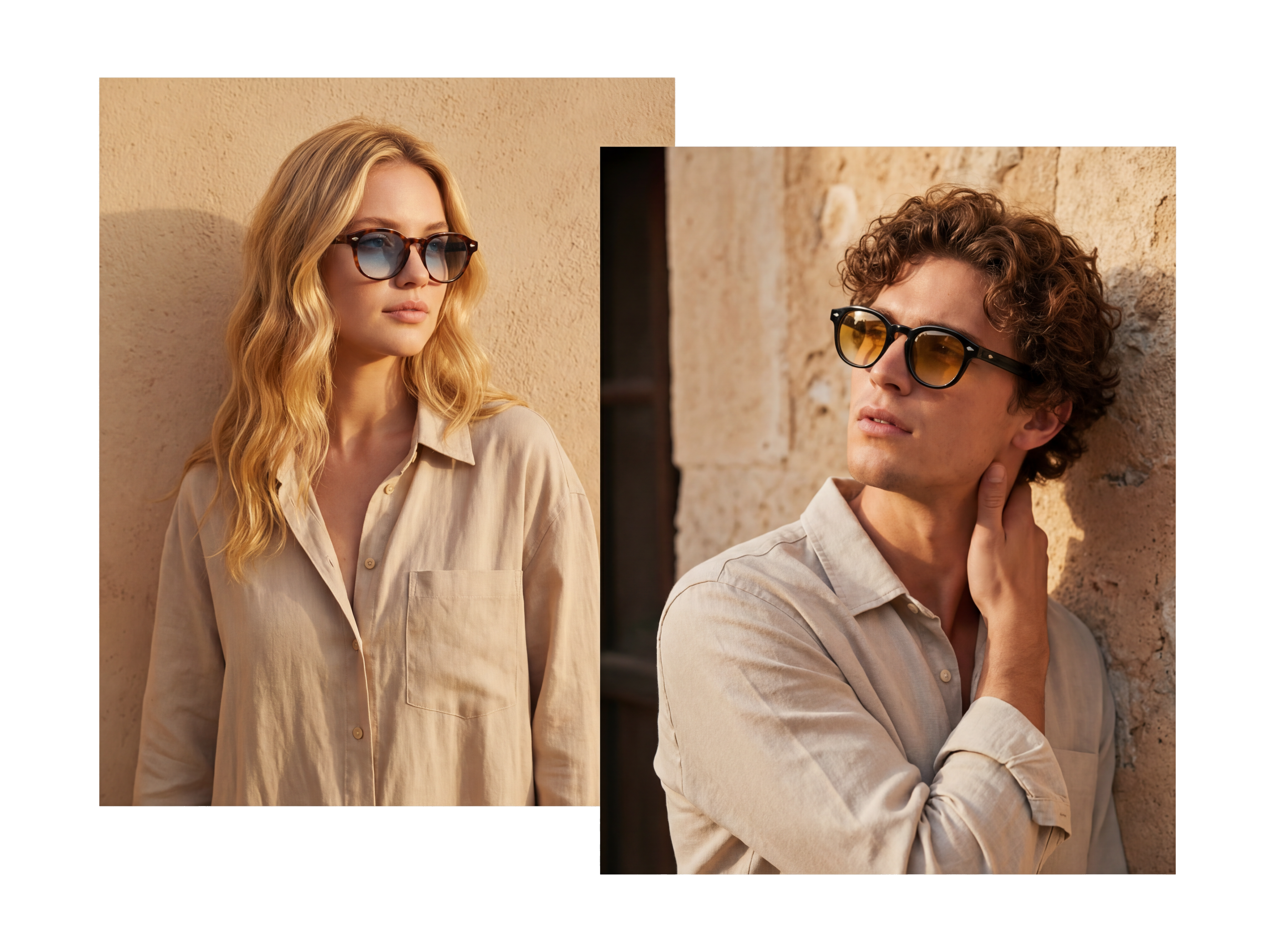 Femme et homme portant des lunettes de soleil Product Travel – style éditorial