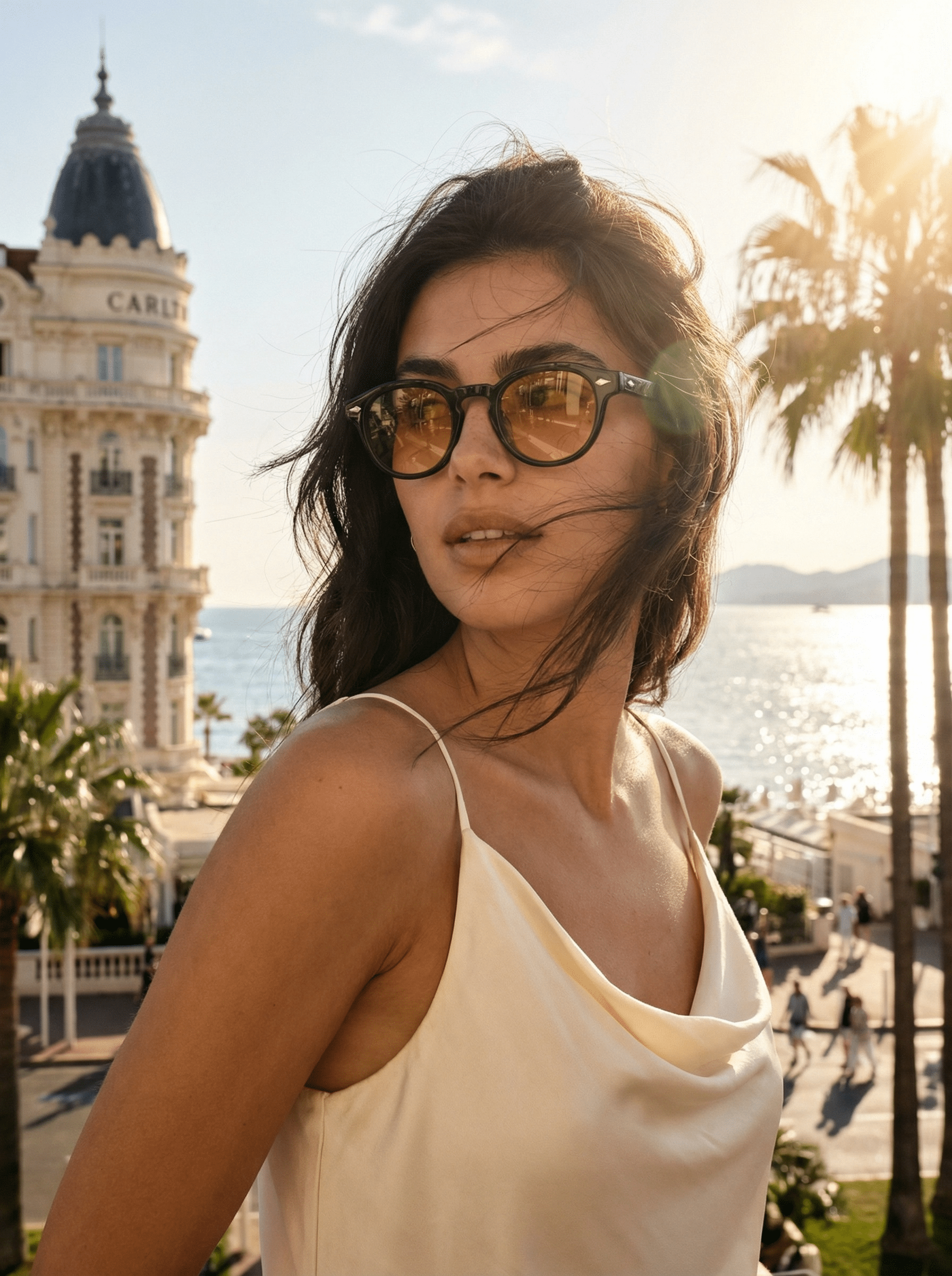 Femme portant les lunettes de soleil Cannes Product Travel style élégant Croisette