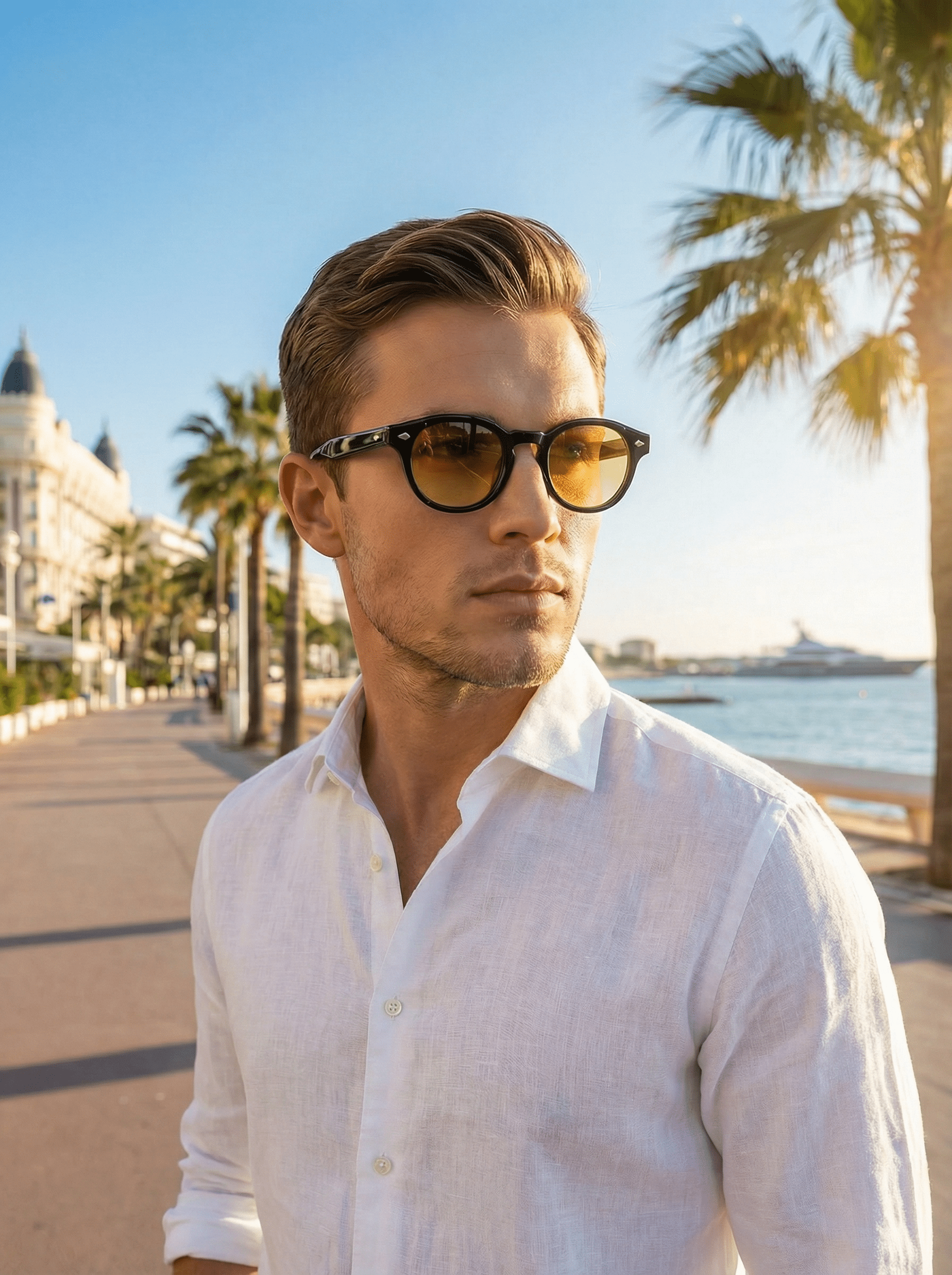 Homme portant les lunettes de soleil Cannes Product Travel style rétro Cannes