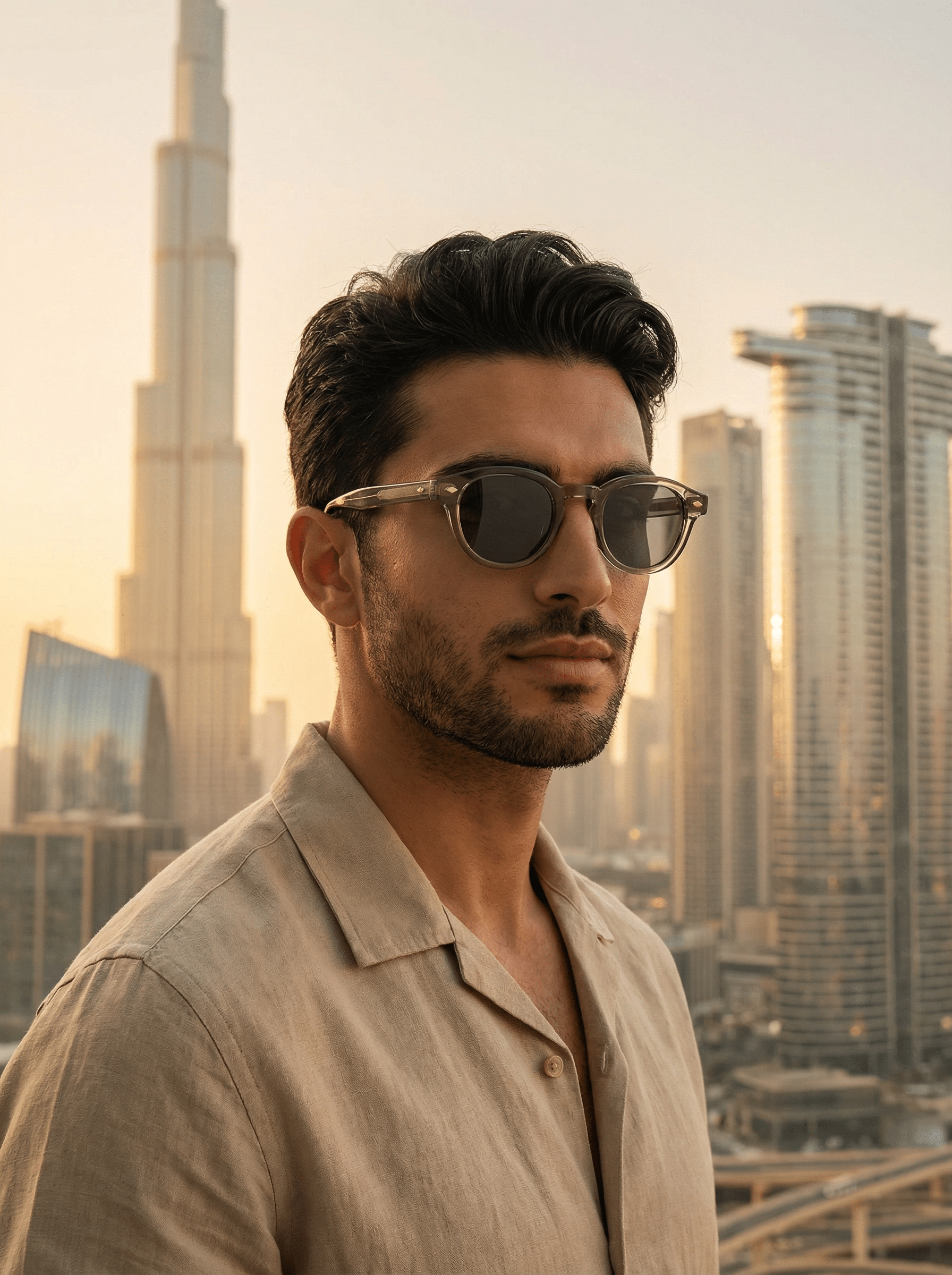Homme portant les lunettes de soleil Dubai Product Travel style rétro chic skyline Dubai