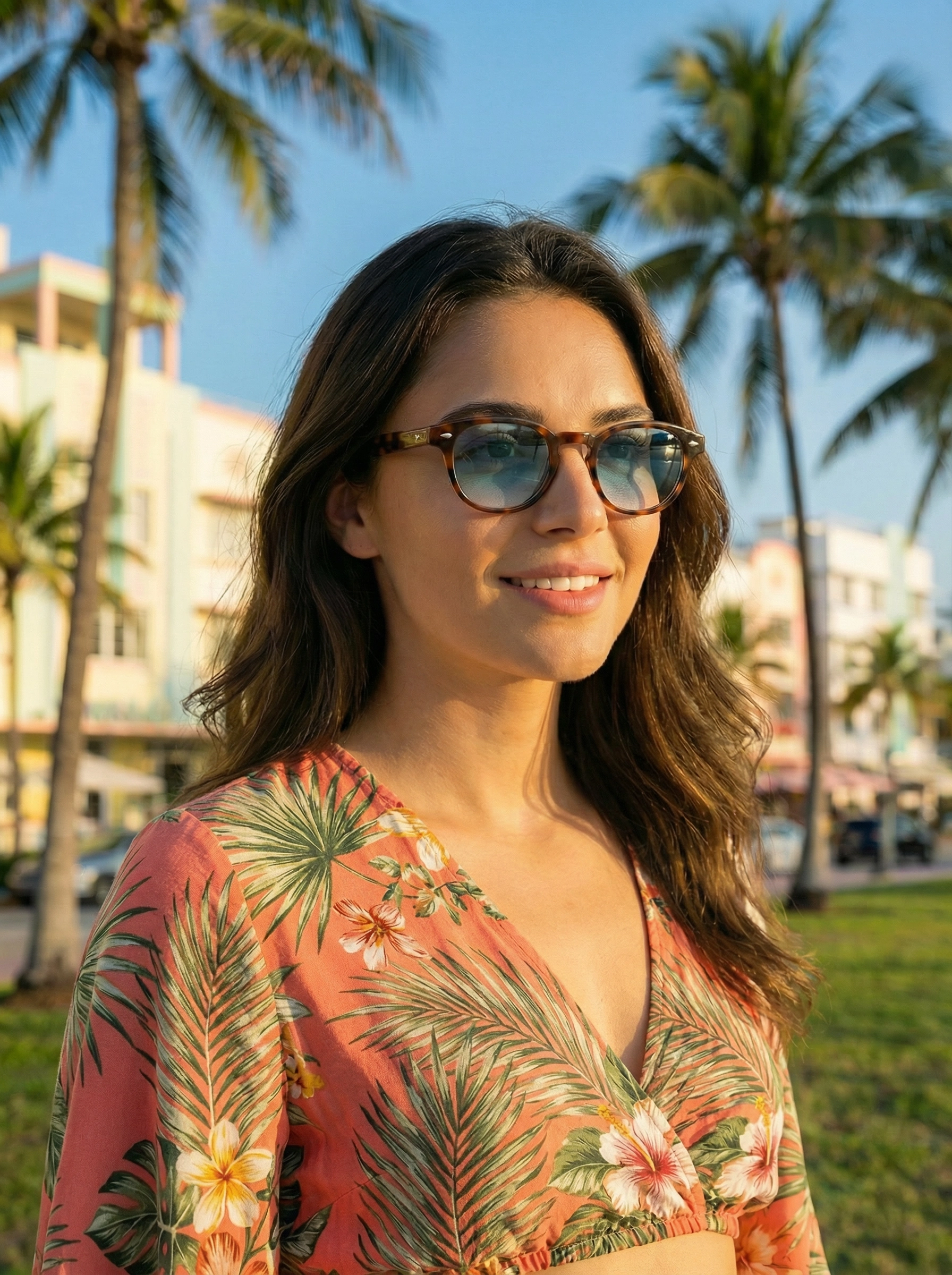 Femme portant les lunettes de soleil Miami Product Travel style rétro Miami Beach