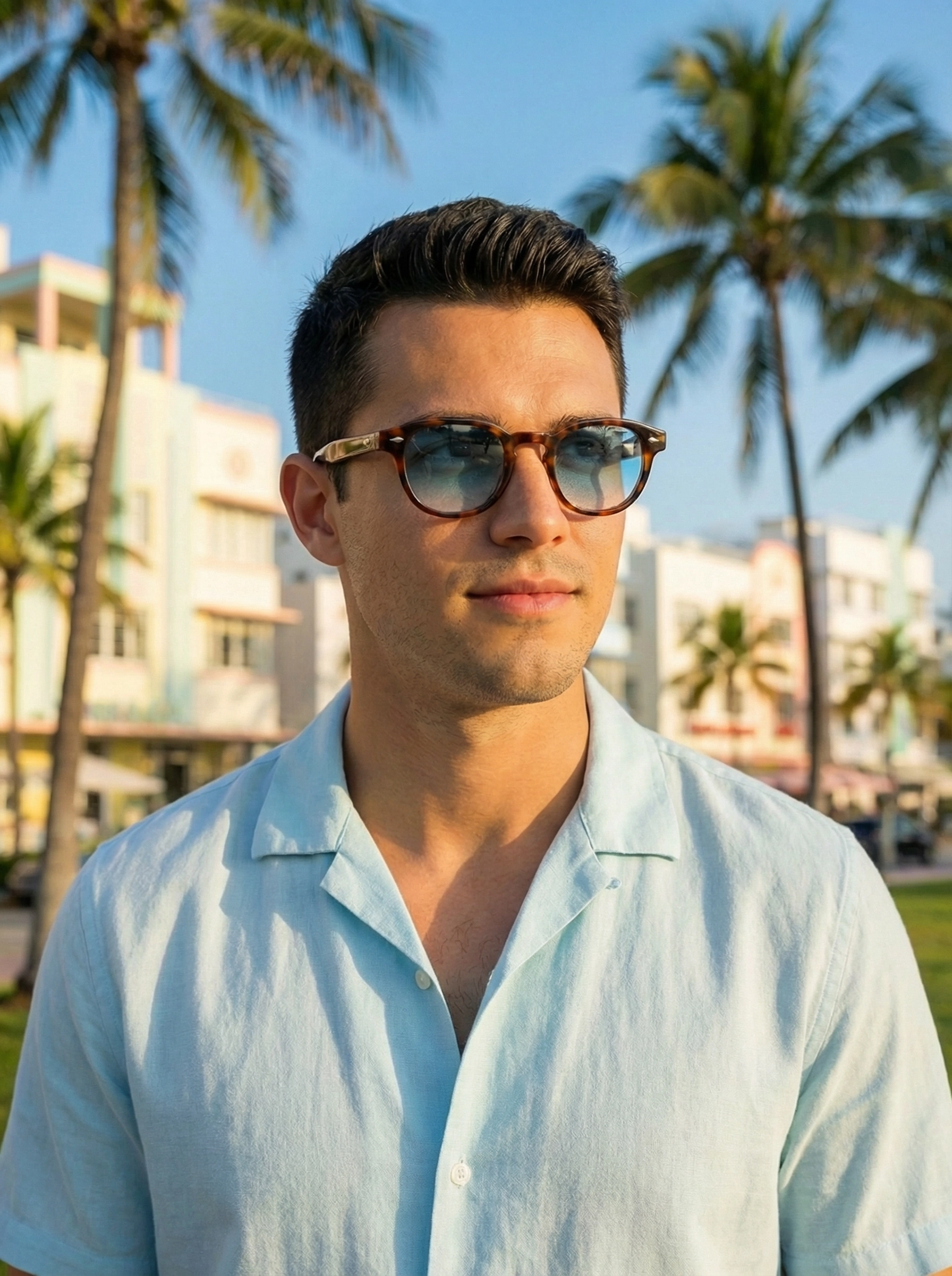 Homme portant les lunettes de soleil Miami Product Travel style vintage ensoleillé Miami Beach