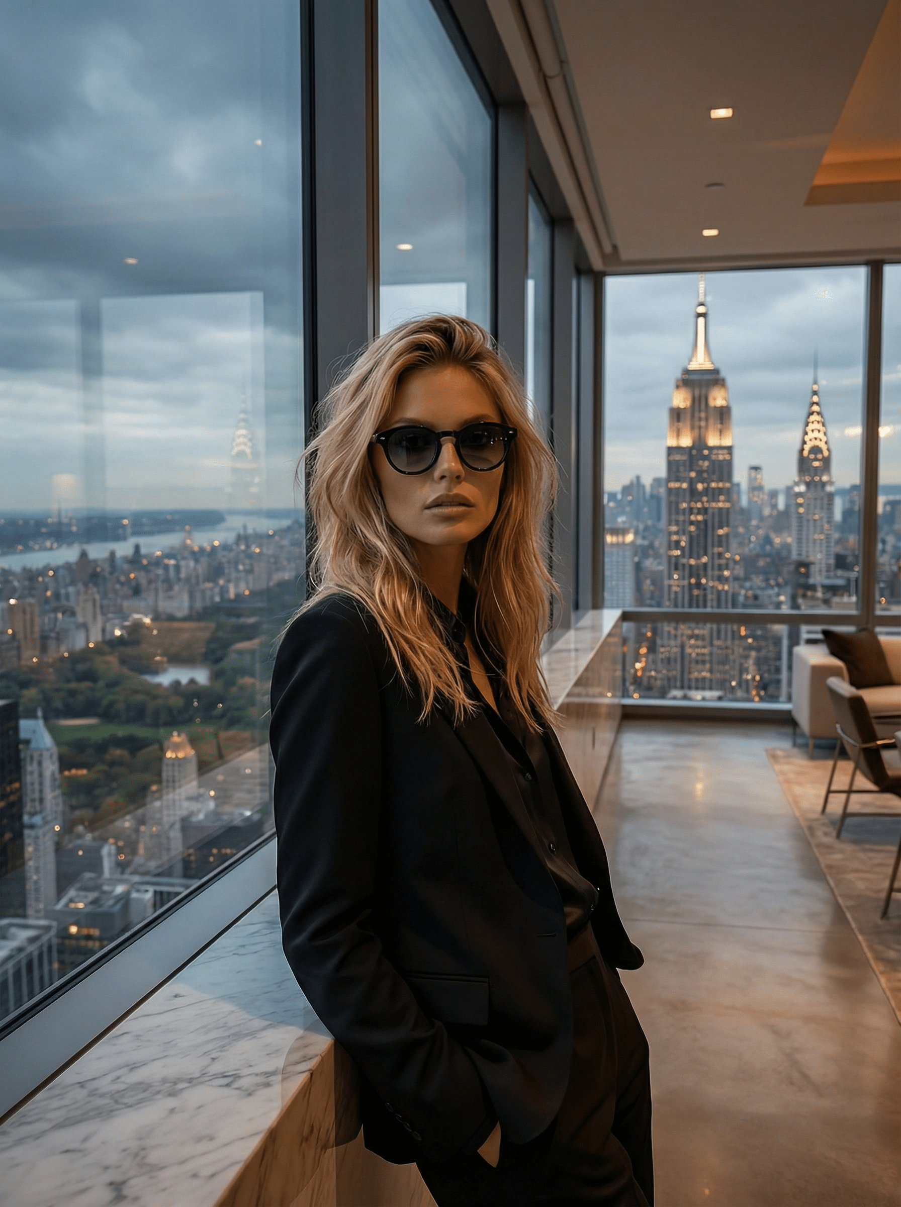 Femme portant les lunettes de soleil New York Product Travel style luxe penthouse New York