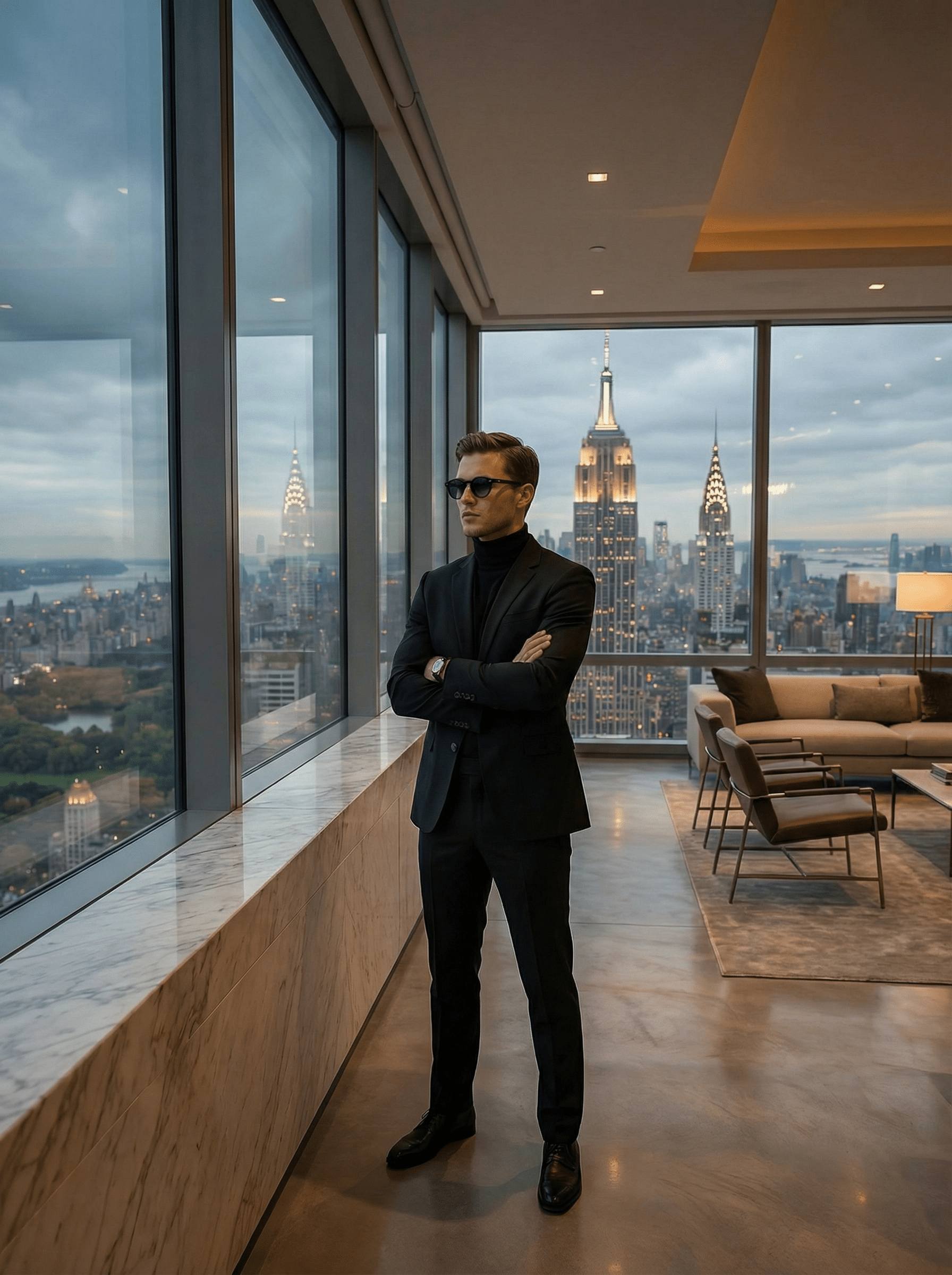 Homme portant les lunettes de soleil New York Product Travel style old money penthouse Manhattan