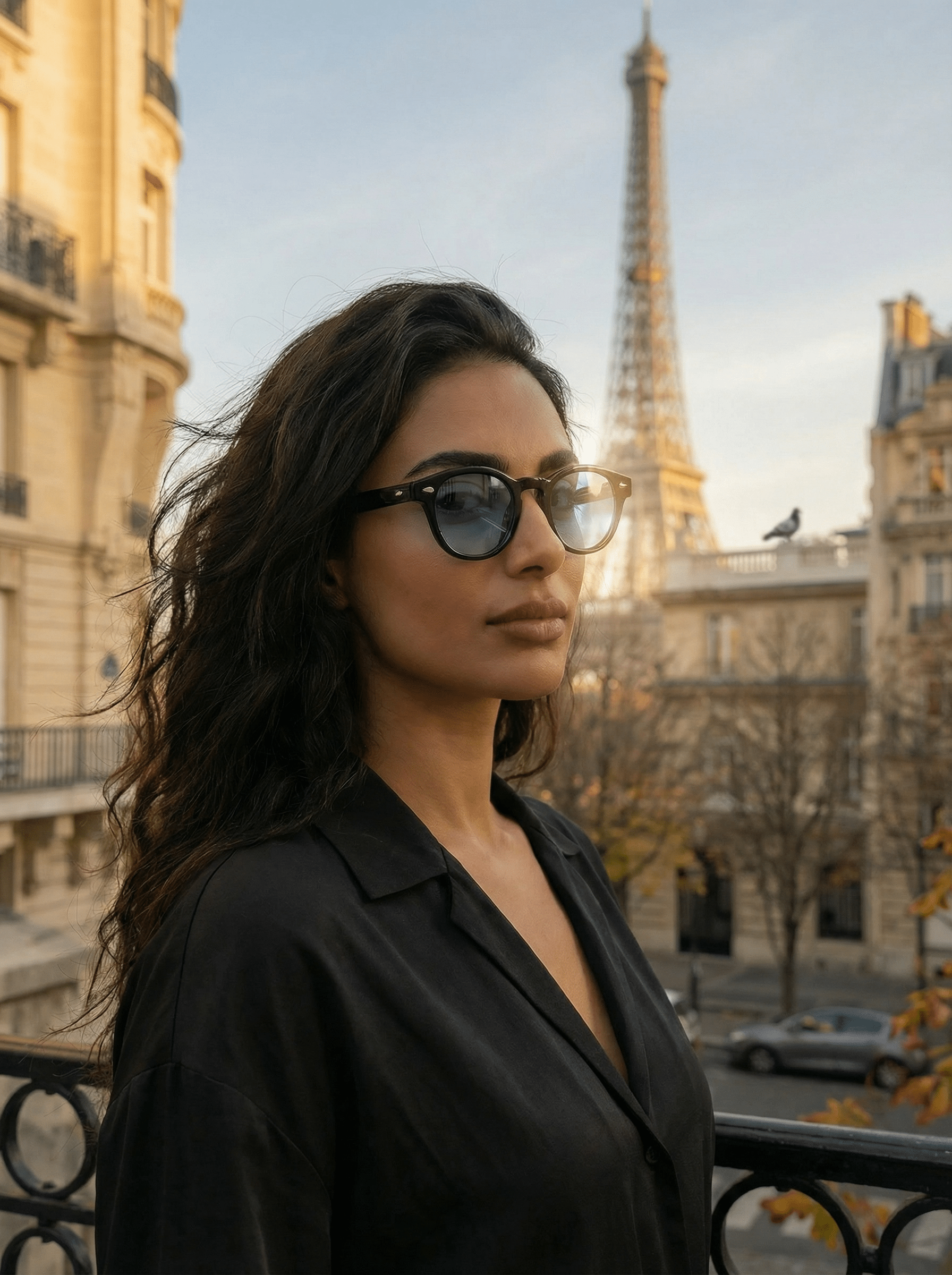 Femme portant les lunettes de soleil Paris Product Travel style élégant Tour Eiffel