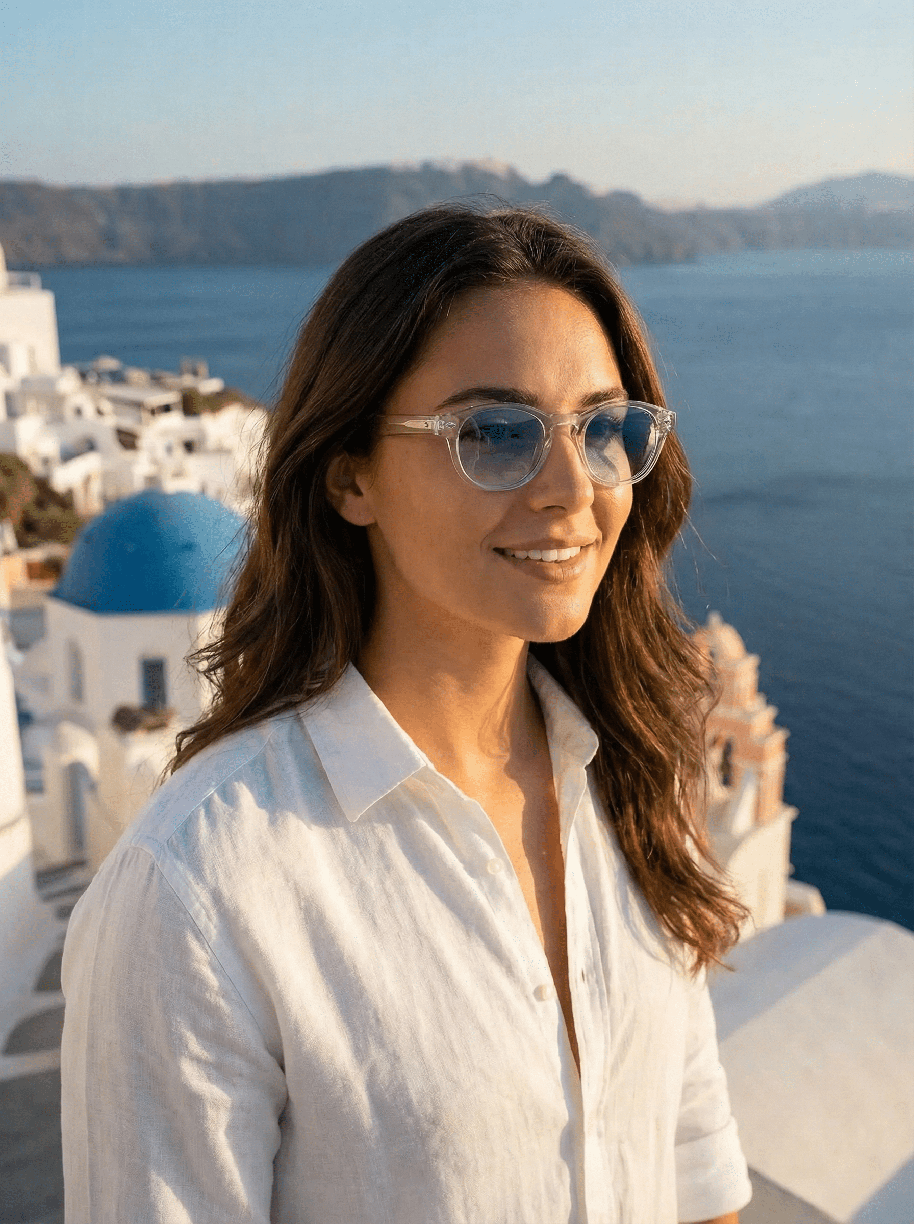 Femme portant les lunettes de soleil Santorini Product Travel style old money Santorin