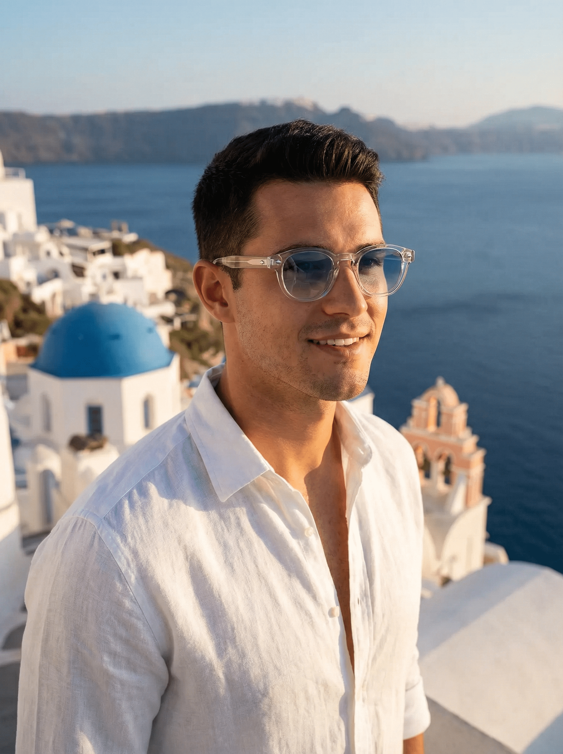 Homme portant les lunettes de soleil Santorini Product Travel style old money Grèce